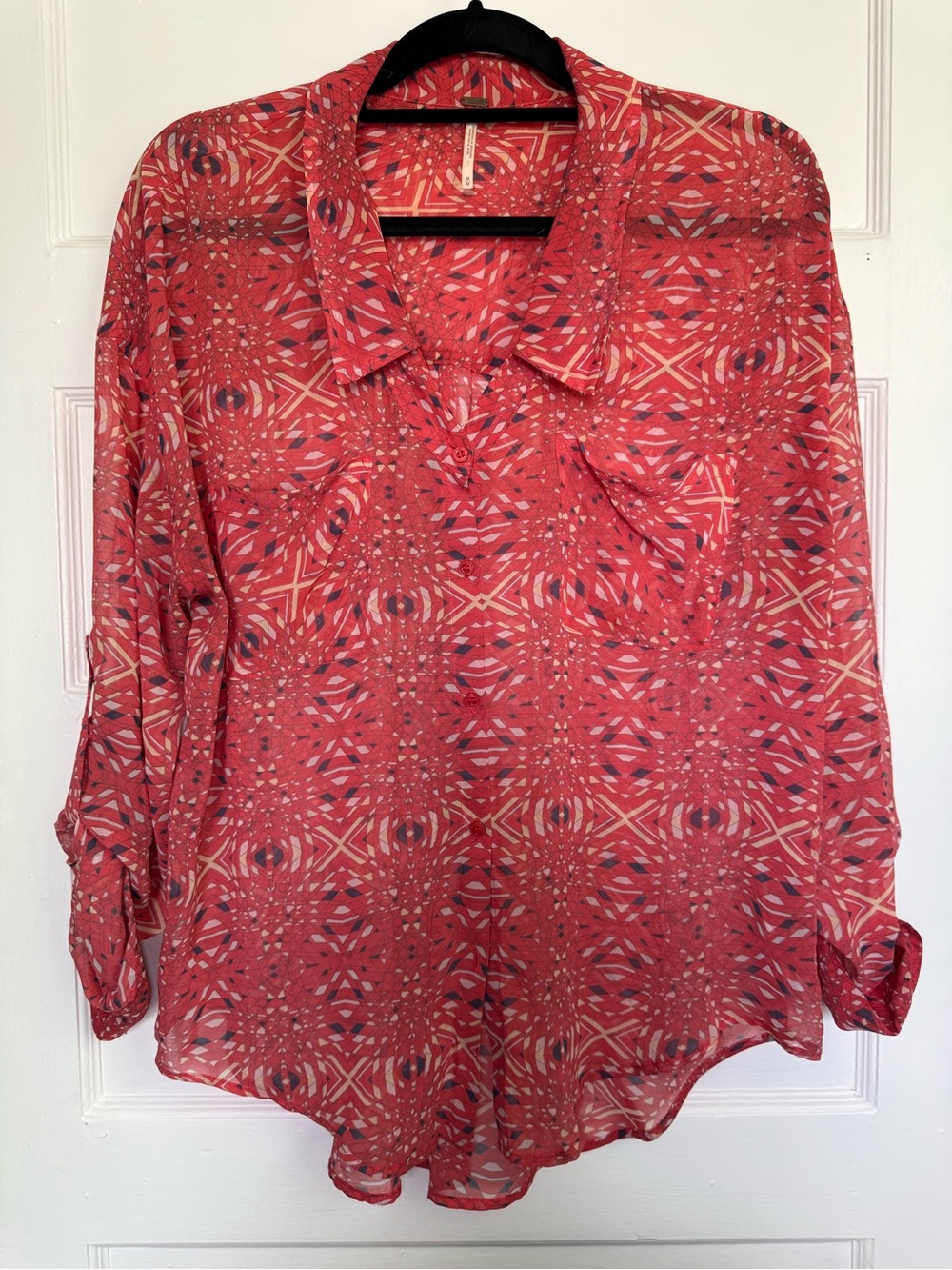 Free People Easy Rider Sheer Chiffon Coral Geometric Print Button-Down Shirt M